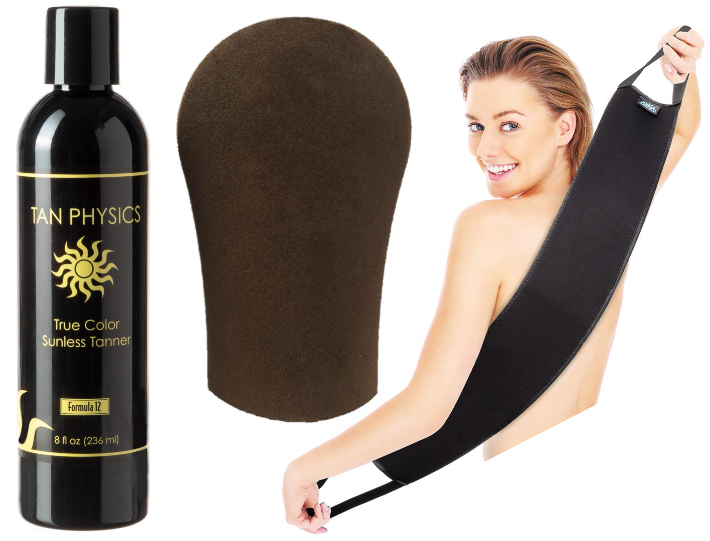 Tan Physics Sunless Tanner 8oz with Mitt & Back Applicator – Streak-Free Self Tanner for Face & Body