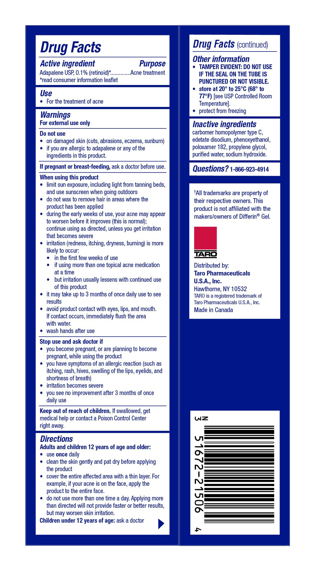 TARO Adapalene 0.1% USP Gel – Prescription-Strength for Sensitive Skin