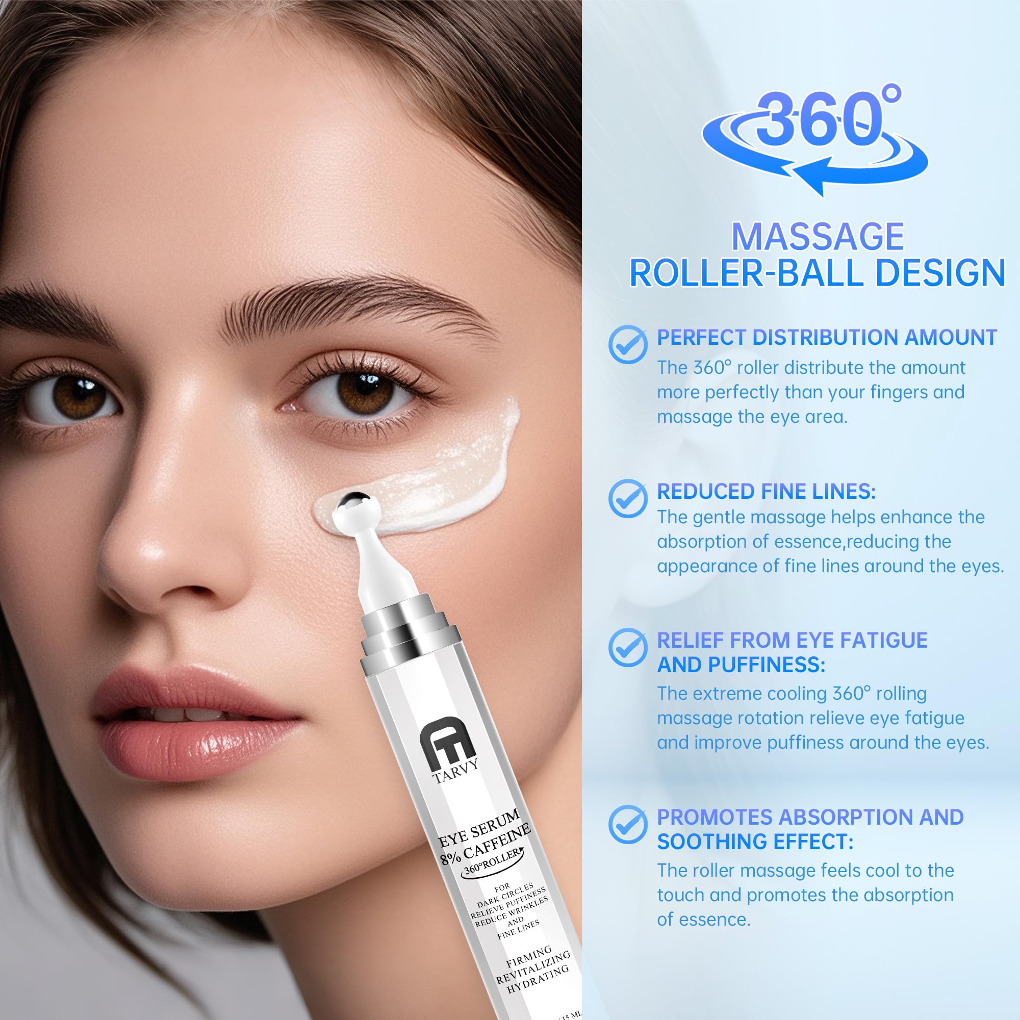Tarvy Eye Serum 8% Caffeine with 360° Massage Ball – Under Eye Care
