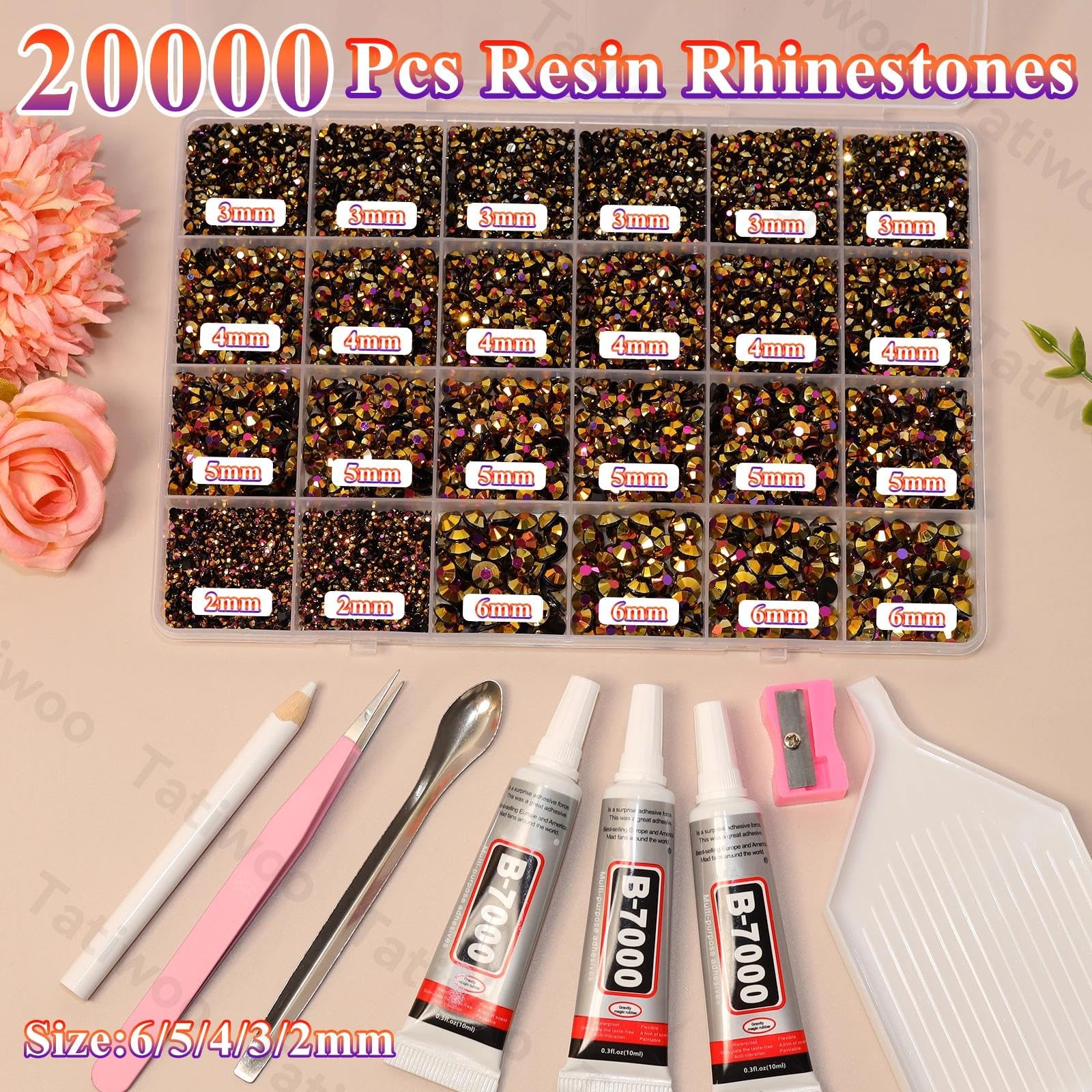 Tatiwoo 20000Pcs Gold Black Flatback Rhinestones Kit | Mix Sizes 2–6mm for Crafting, Tumblers & Nail Art