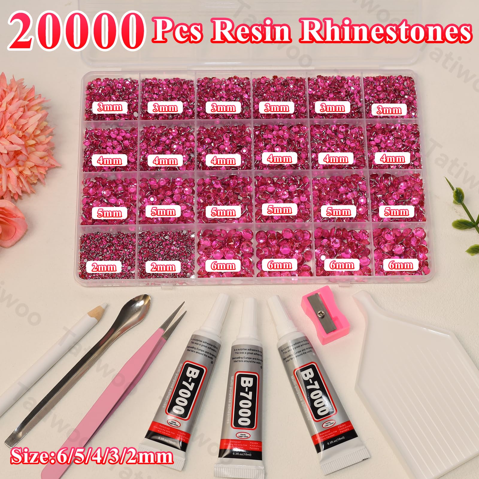 Tatiwoo 20000Pcs Hot Pink Flatback Resin Rhinestones Kit – Mixed Sizes for DIY Crafts & Tumblers