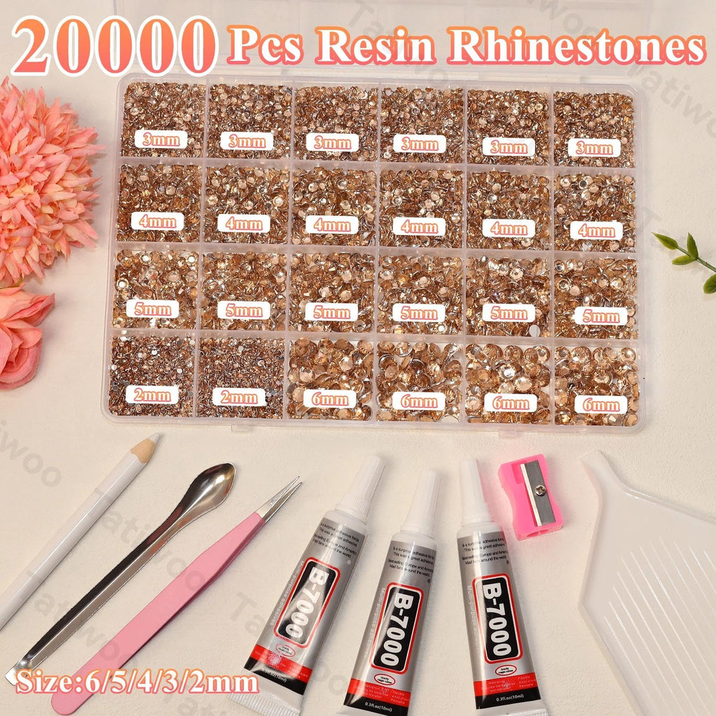 Tatiwoo 20000Pcs Champagne Flatback Rhinestones Kit – Mixed Sizes for DIY Crafting & Tumblers