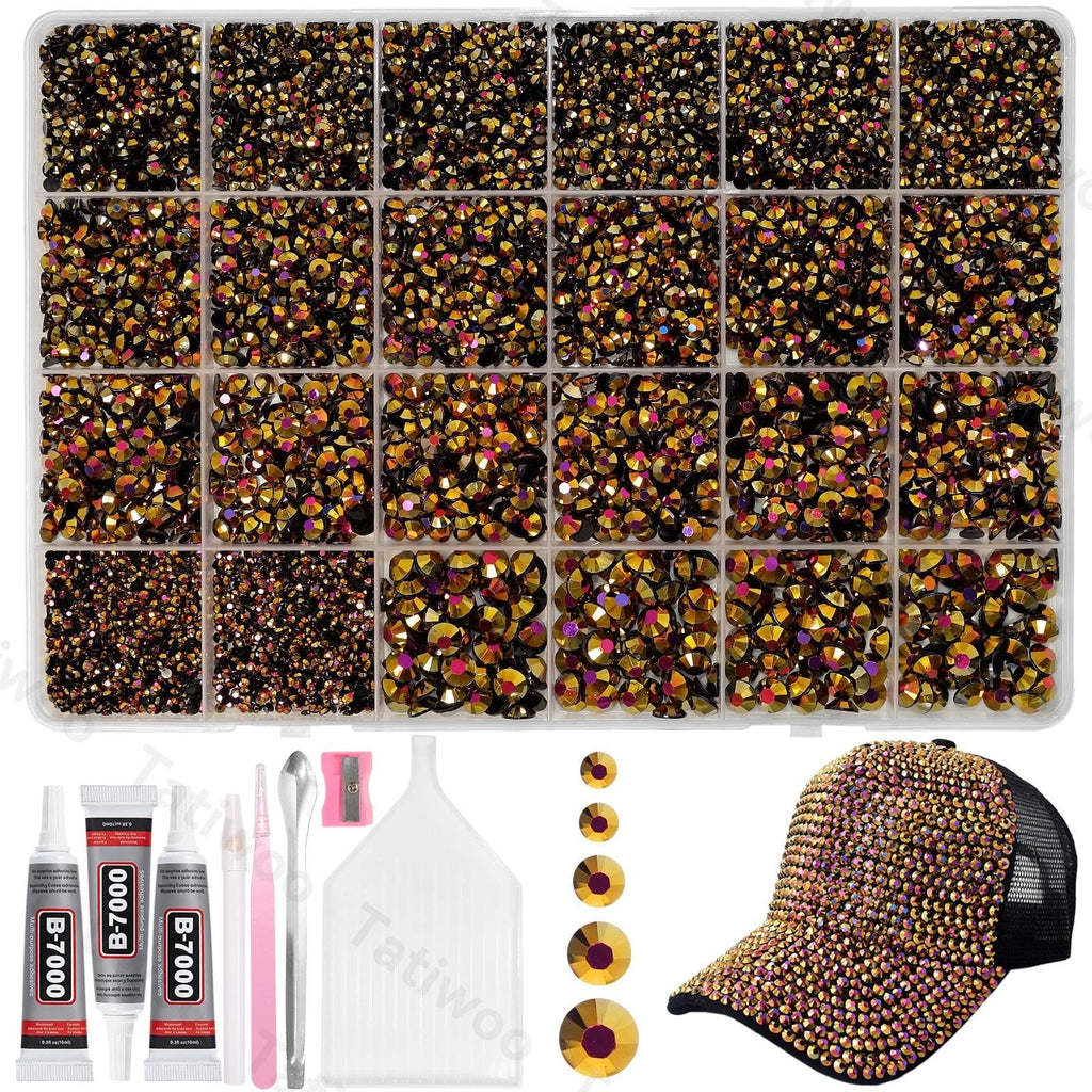 Tatiwoo 20000Pcs Gold Black Flatback Rhinestones Kit | Mix Sizes 2–6mm for Crafting, Tumblers & Nail Art