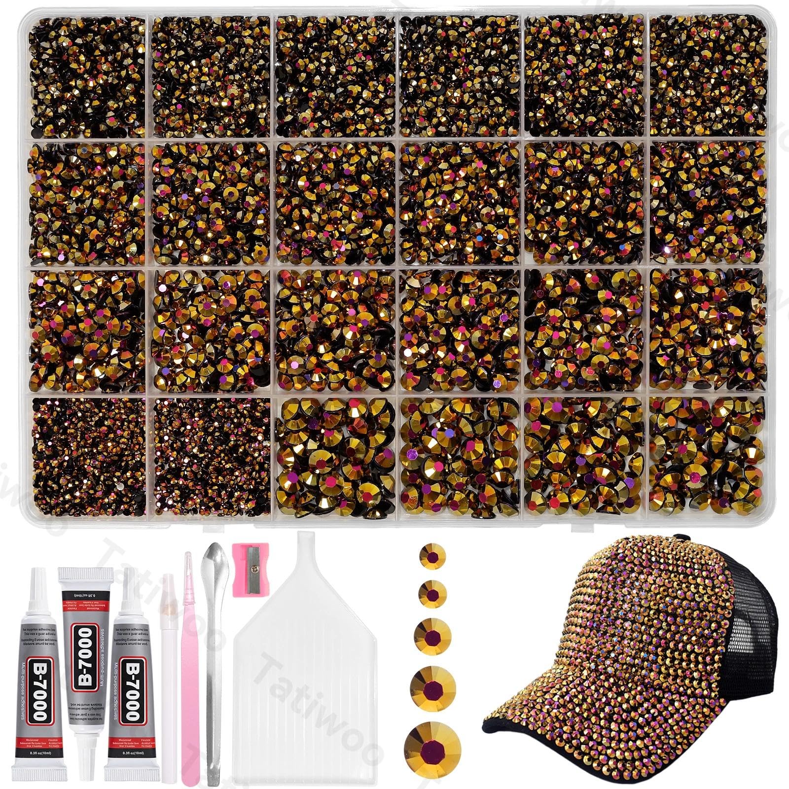 Tatiwoo 20000Pcs Gold Black Flatback Rhinestones Kit | Mix Sizes 2–6mm for Crafting, Tumblers & Nail Art