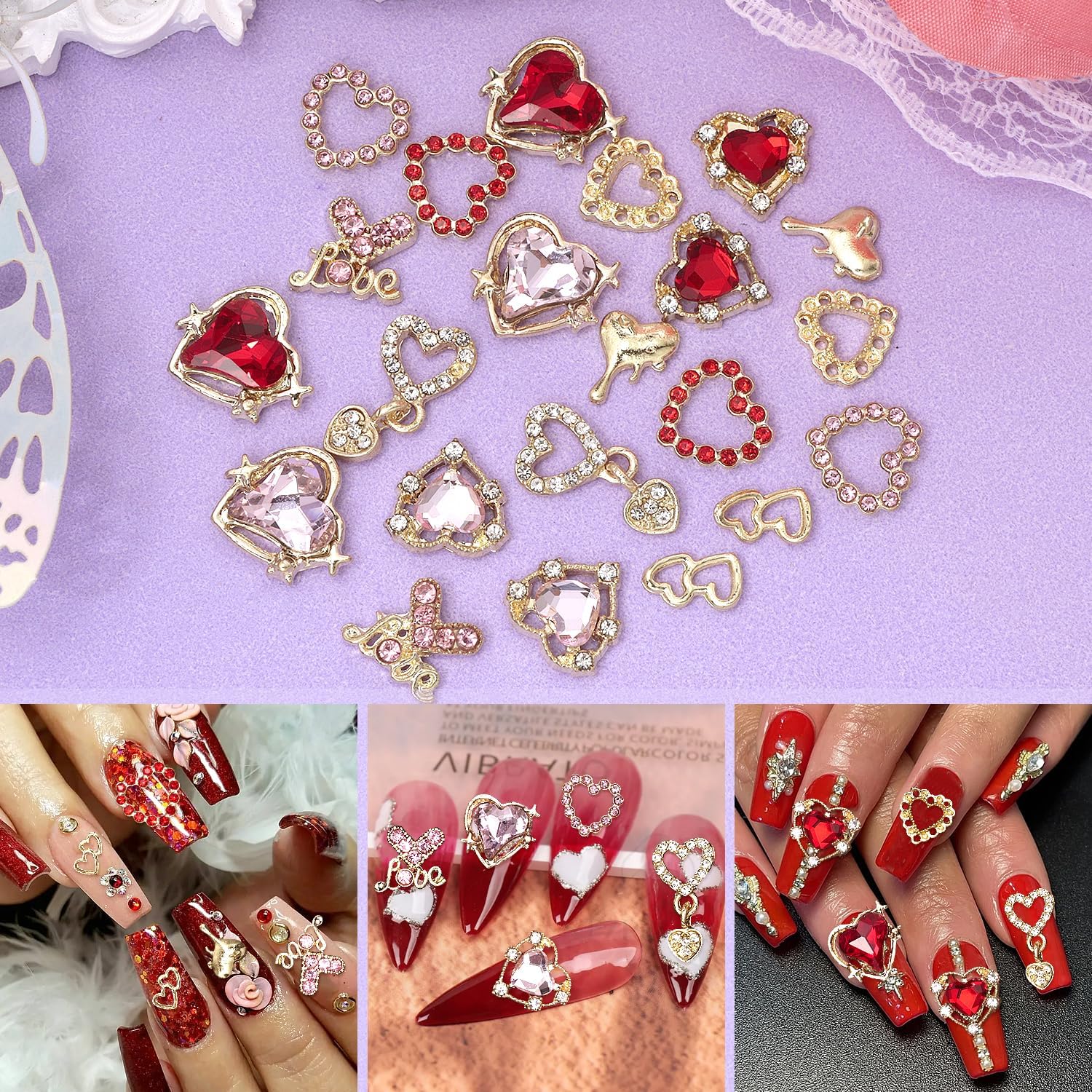 Tatiwoo 220 Pcs Valentines Gold Bow Heart Nail Charms – Y2K Nail Art Jewelry for Valentine’s Day