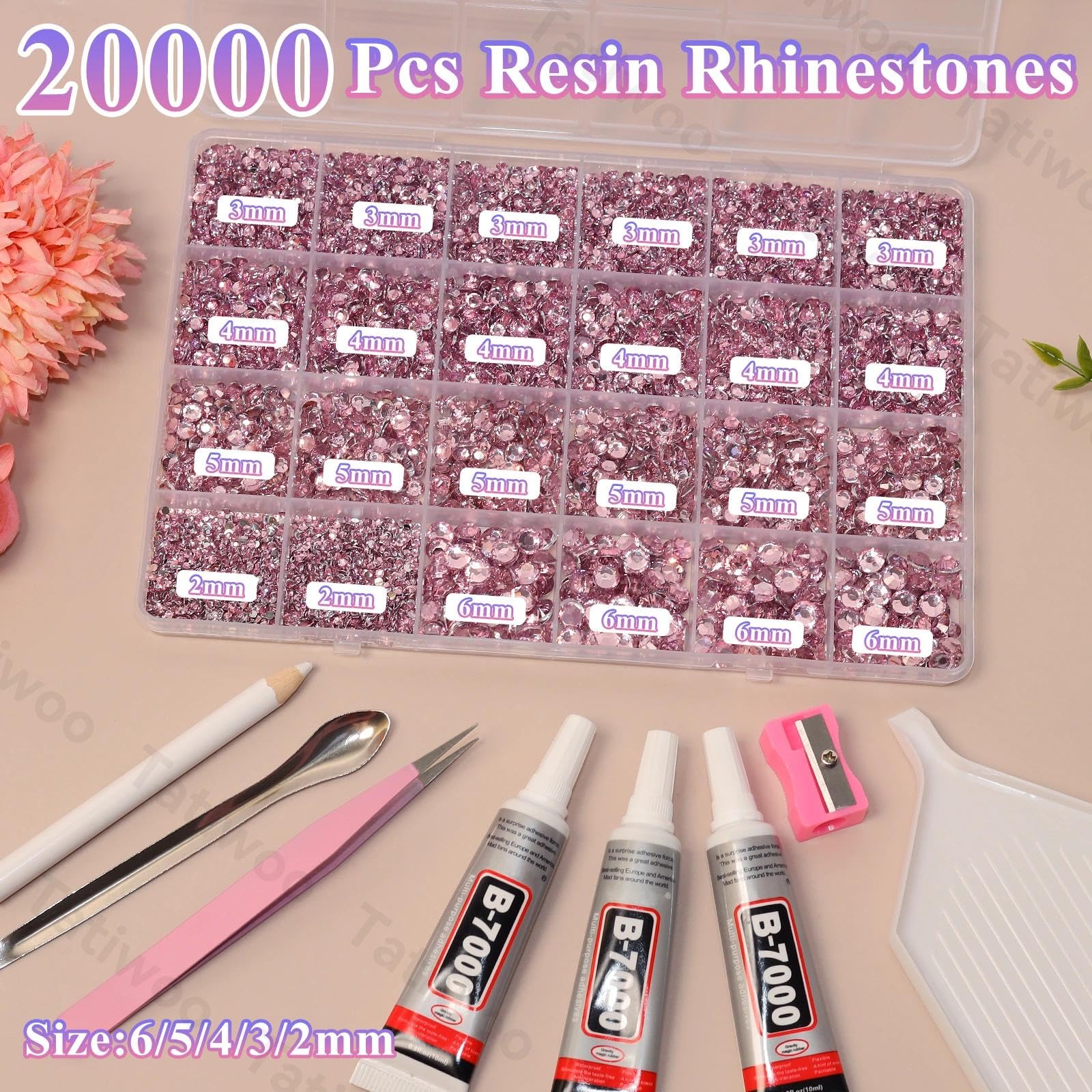 Tatiwoo 20,000pcs Light Pink Flatback Rhinestones Kit — 2–6mm Crystal Gems for DIY Crafting