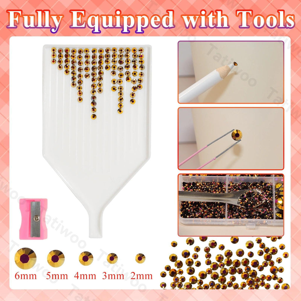 Tatiwoo 20000Pcs Gold Black Flatback Rhinestones Kit | Mix Sizes 2–6mm for Crafting, Tumblers & Nail Art