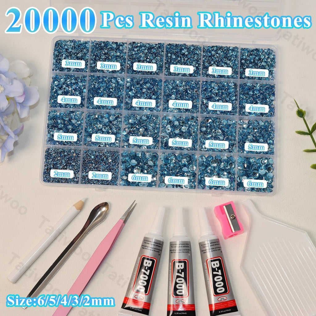 Tatiwoo 20000Pcs Light Blue Flatback Rhinestones Kit – Mixed Sizes for Crafting & DIY