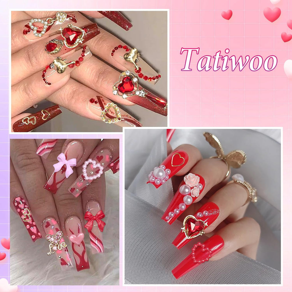 Tatiwoo 220 Pcs Valentines Gold Bow Heart Nail Charms – Y2K Nail Art Jewelry for Valentine’s Day