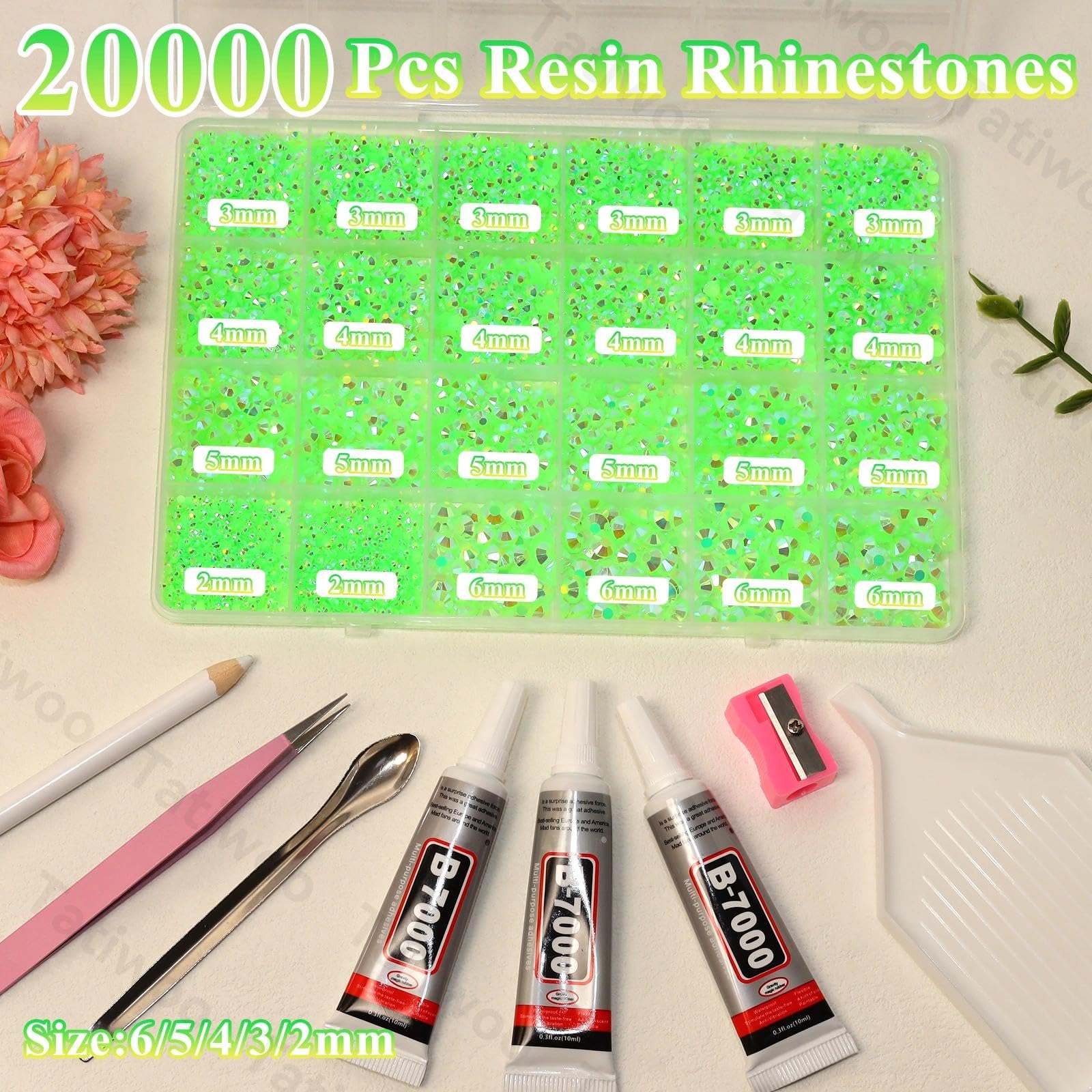 Tatiwoo 20000Pcs Light Green Flatback Jelly Resin Rhinestones – Mixed Sizes for Crafting, DIY Face & Body Art