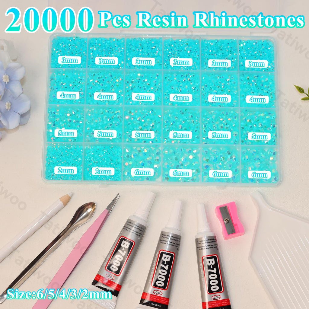 Tatiwoo 20000 Sky Blue AB Flatback Rhinestones Kit with Mixed Sizes and Tools