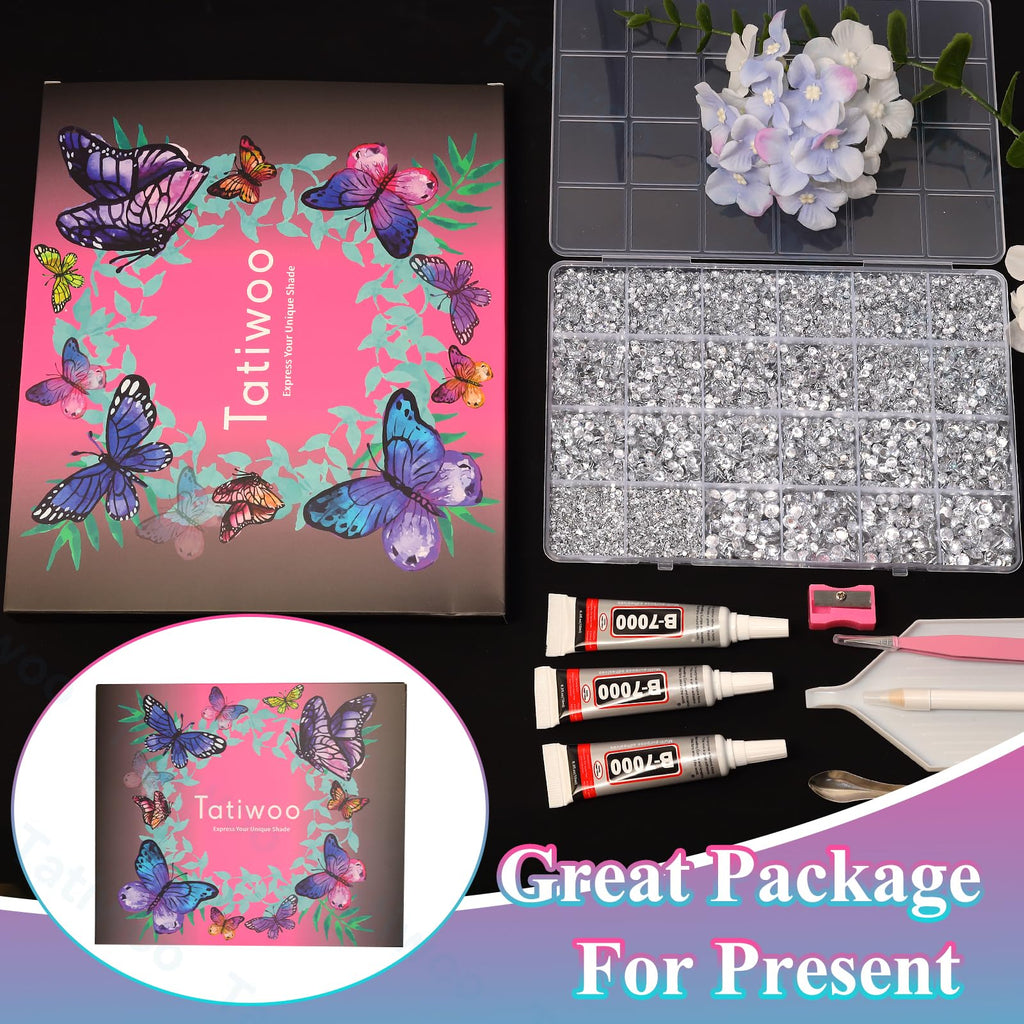 Tatiwoo 20000Pcs Silver White Crystal Flatback Rhinestones Kit – Mix Sizes for Crafting & DIY