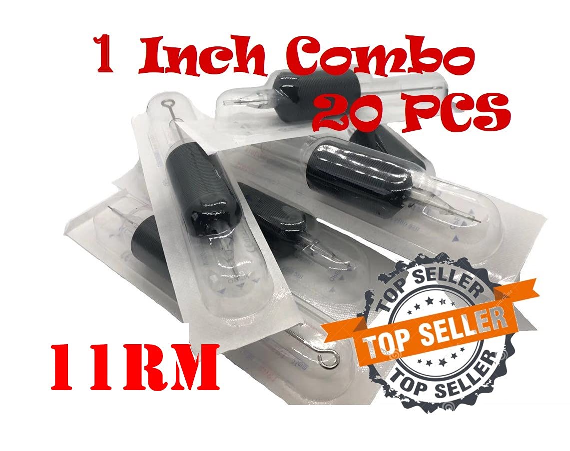Tatmax International 20Pcs 1 Inch Tattoo Needles & Tubes – 5RM to 15RM (11 Round Magnum) – Sterilized, Disposable Grip