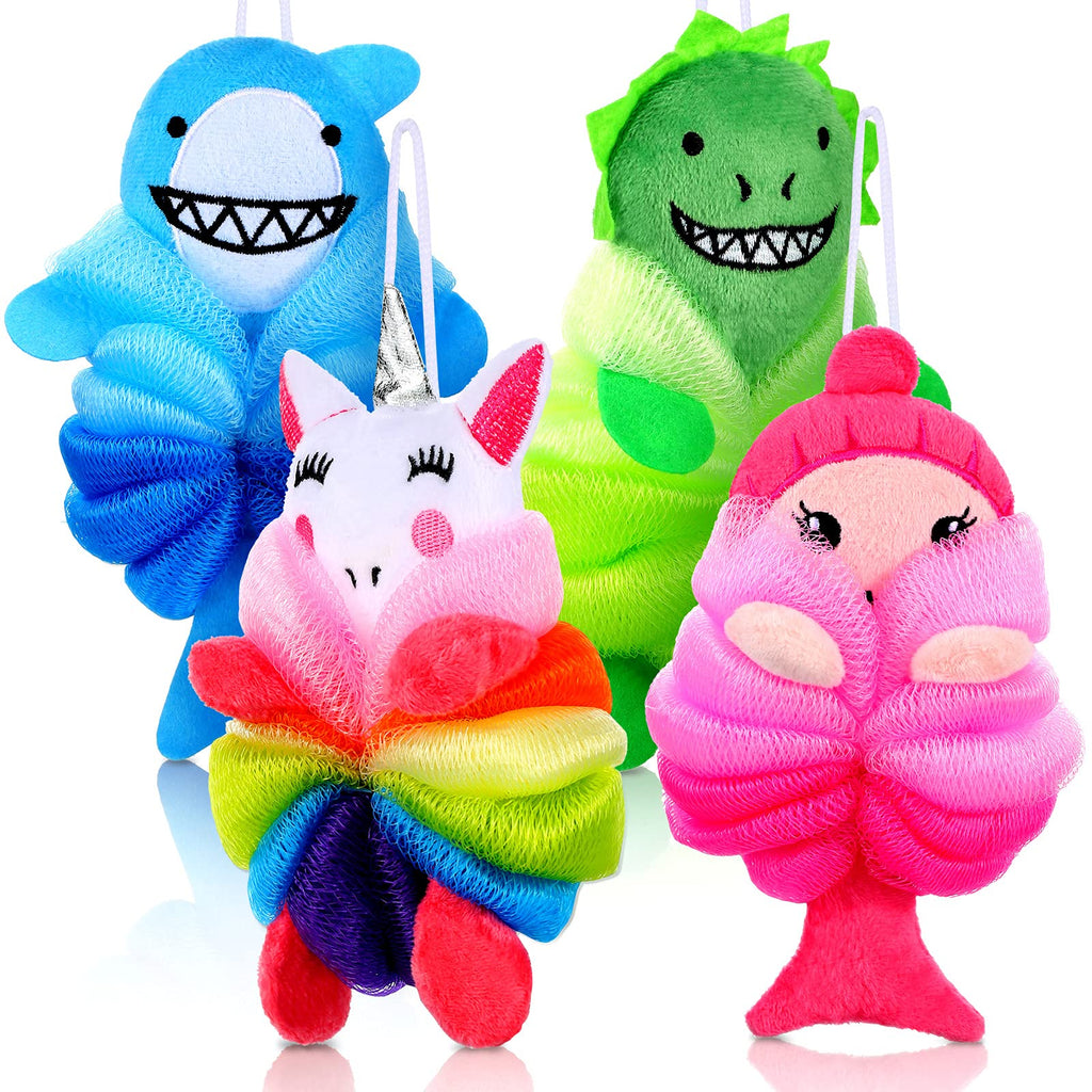 Tatuo 4 Pcs Animal Bath Loofahs for Kids – Cartoon Shower Sponges (4 Styles)