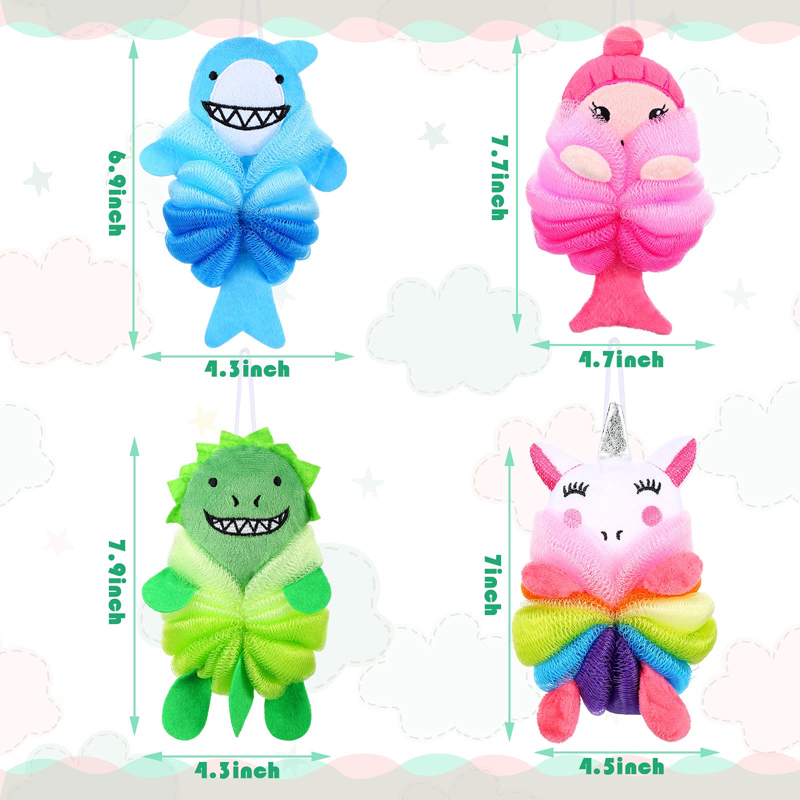Tatuo 4 Pcs Animal Bath Loofahs for Kids – Cartoon Shower Sponges (4 Styles)