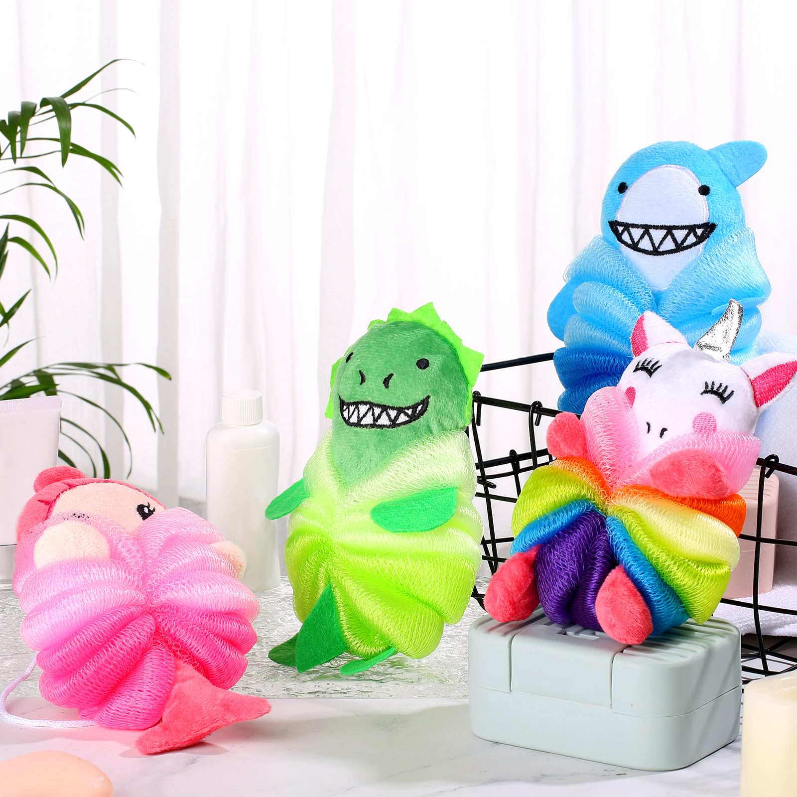 Tatuo 4 Pcs Animal Bath Loofahs for Kids – Cartoon Shower Sponges (4 Styles)