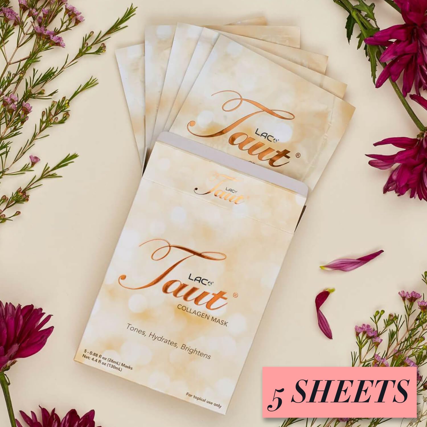 TAUT Collagen Face Mask – 5 Sheet Pack with Hyaluronic Acid, Marine Collagen & Vitamin C