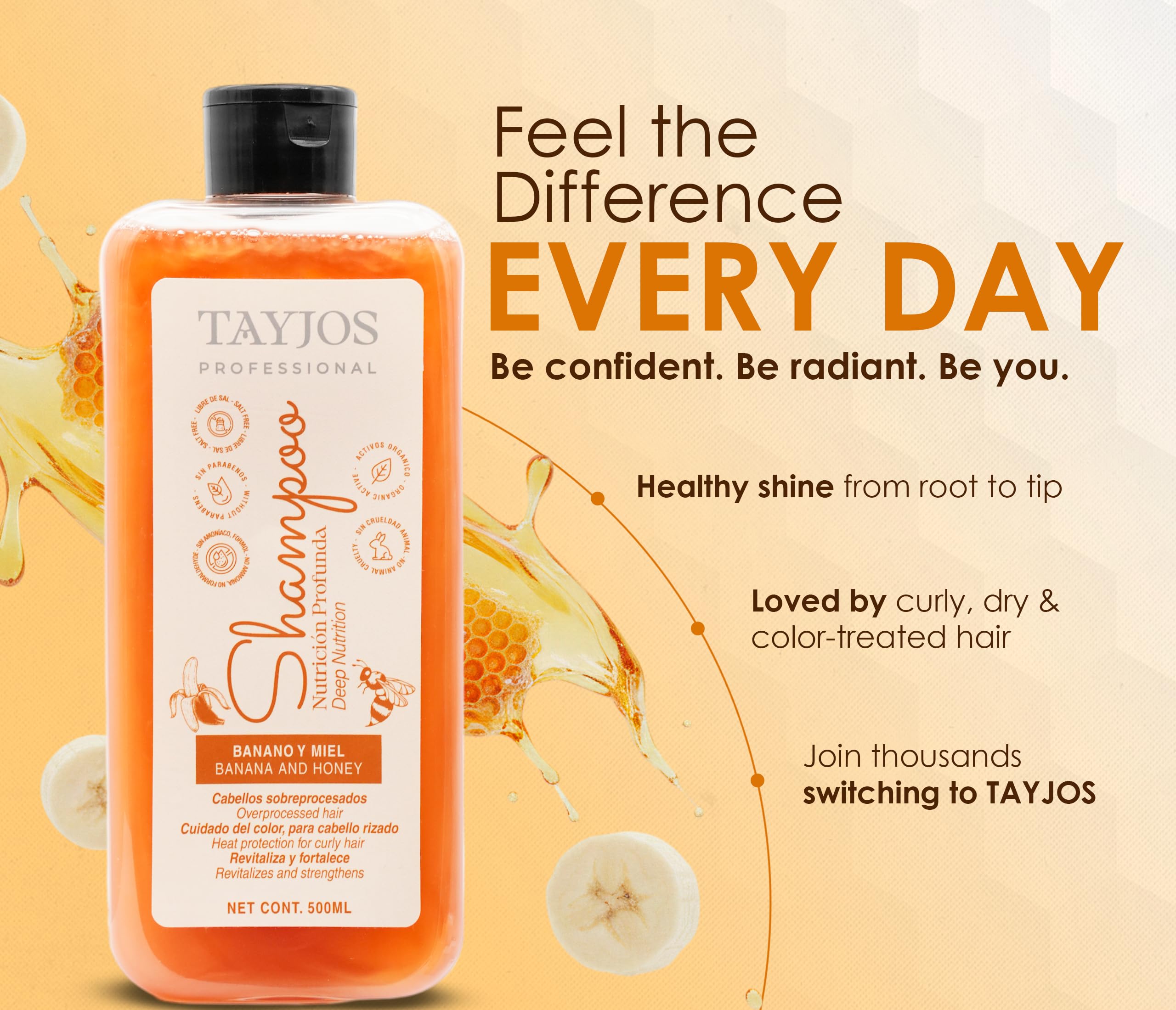TAYJOS PROFESSIONAL Banana & Honey Shampoo – Sulfate-Free Daily Cleanser with Keratin & Amino Acids | Nourishing for Dry & Damaged Hair | 16.9 oz
