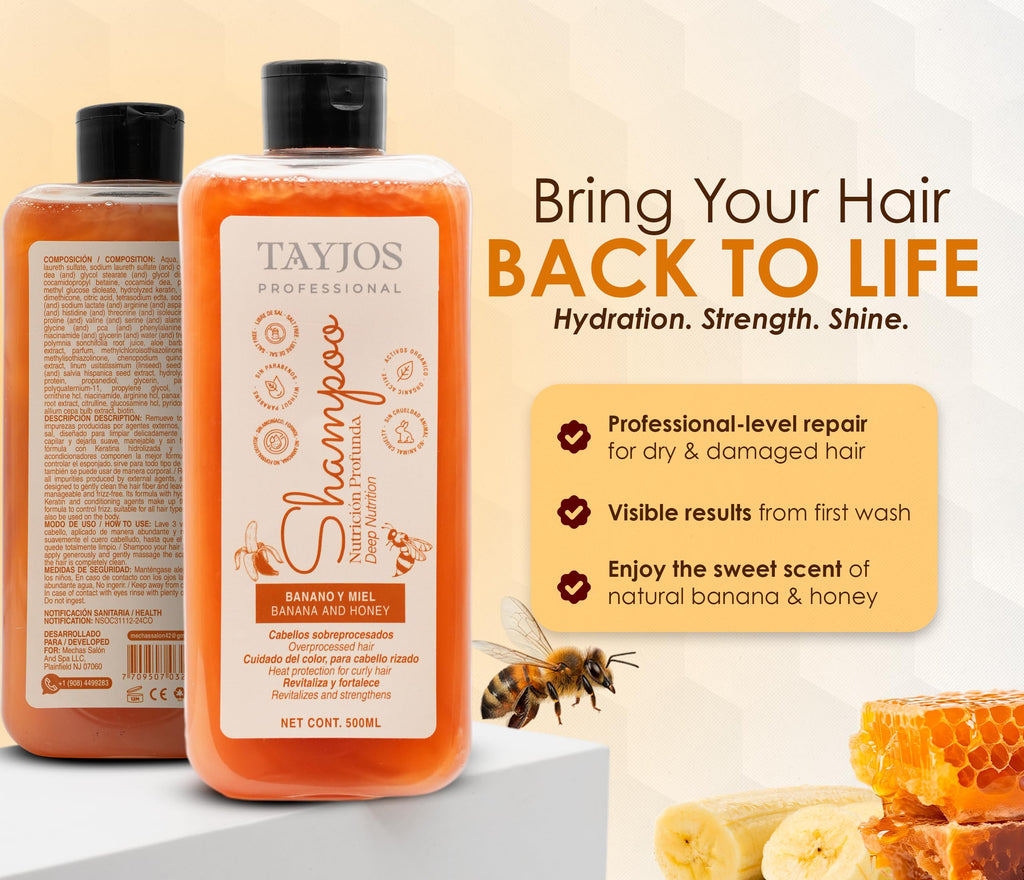 TAYJOS PROFESSIONAL Banana & Honey Shampoo – Sulfate-Free Daily Cleanser with Keratin & Amino Acids | Nourishing for Dry & Damaged Hair | 16.9 oz