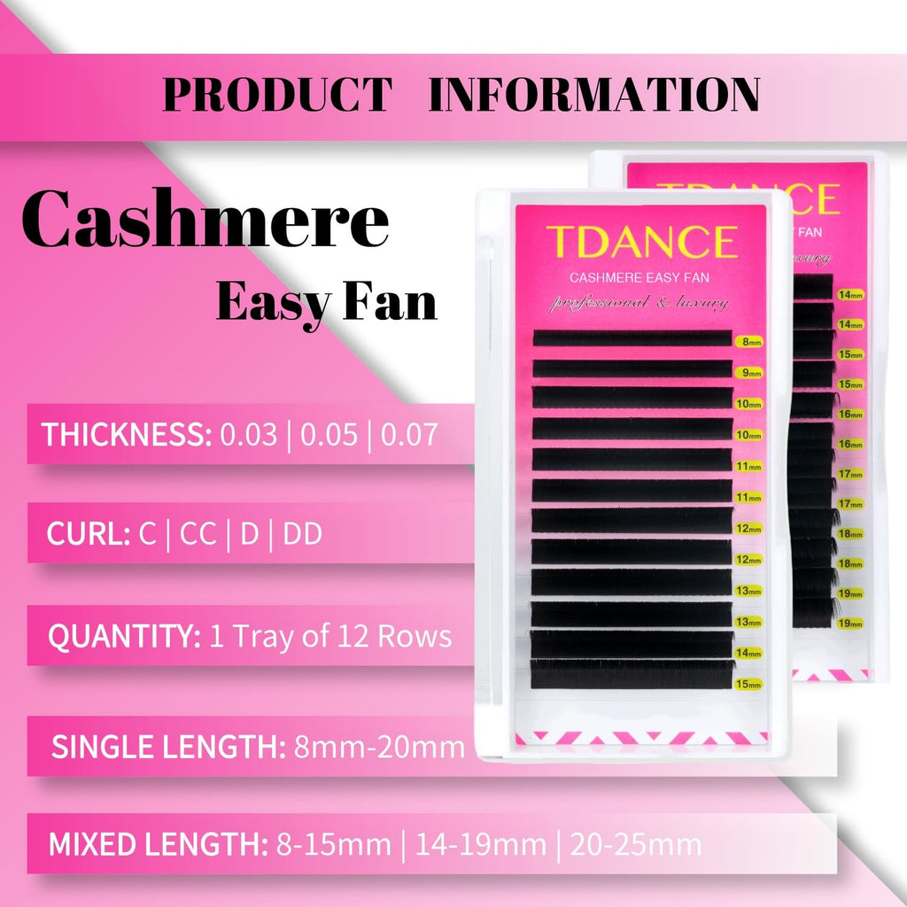 TDANCE Cashmere Easy Fan Lashes – Matte Black, DD Curl, 0.05mm, 15mm Mega Volume