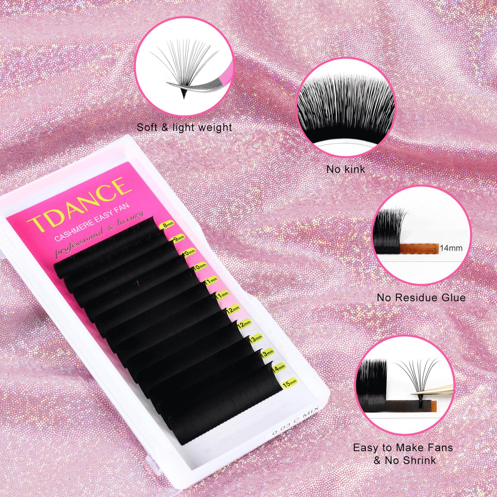 TDANCE Cashmere Easy Fan Lash Extensions – 0.03mm CC Curl, 10mm, Matte Black Mega Volume