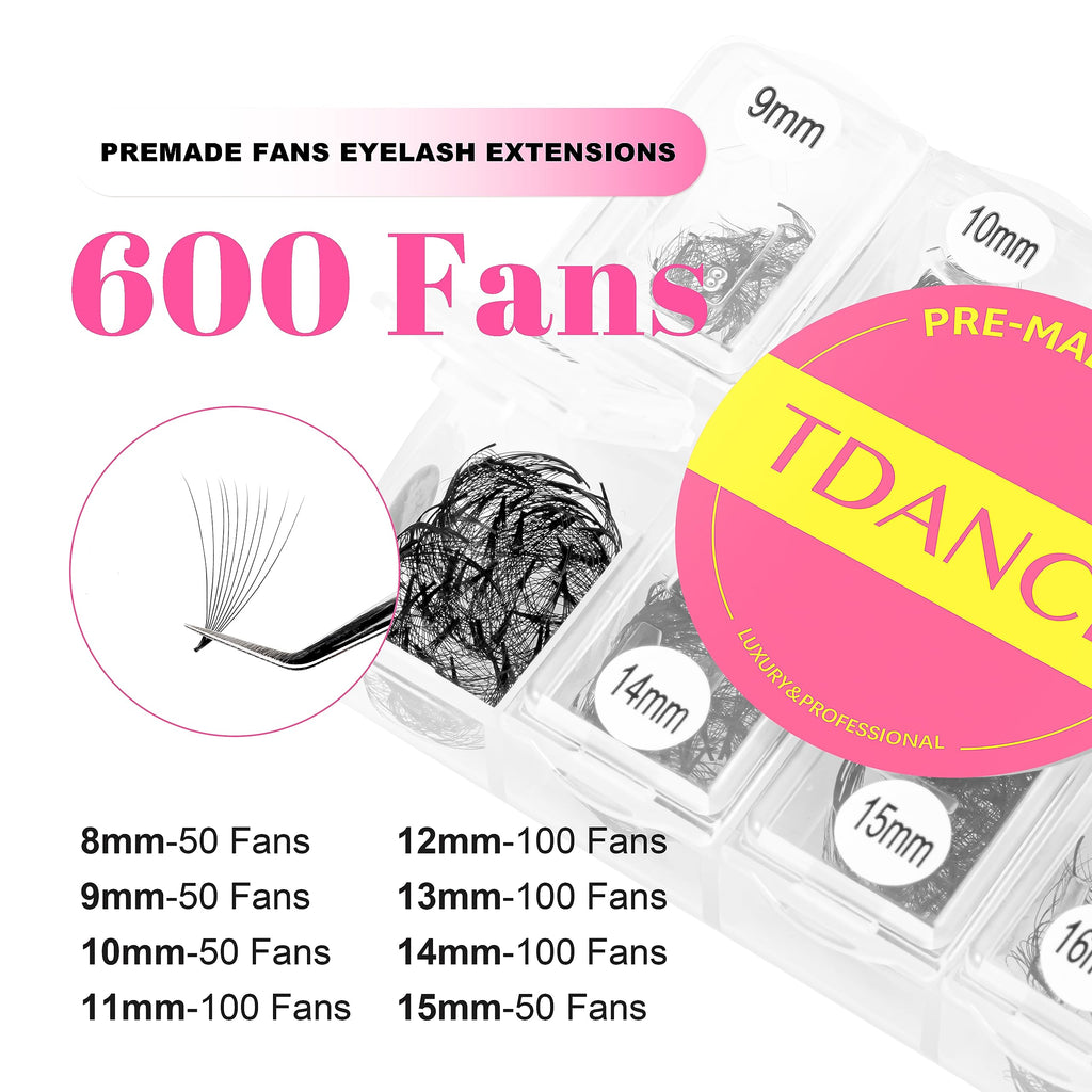 TDANCE 600 Premade Lash Fans - Natural & Volume Mix 5D-24D, C/D Curl, Handmade Promade Fans