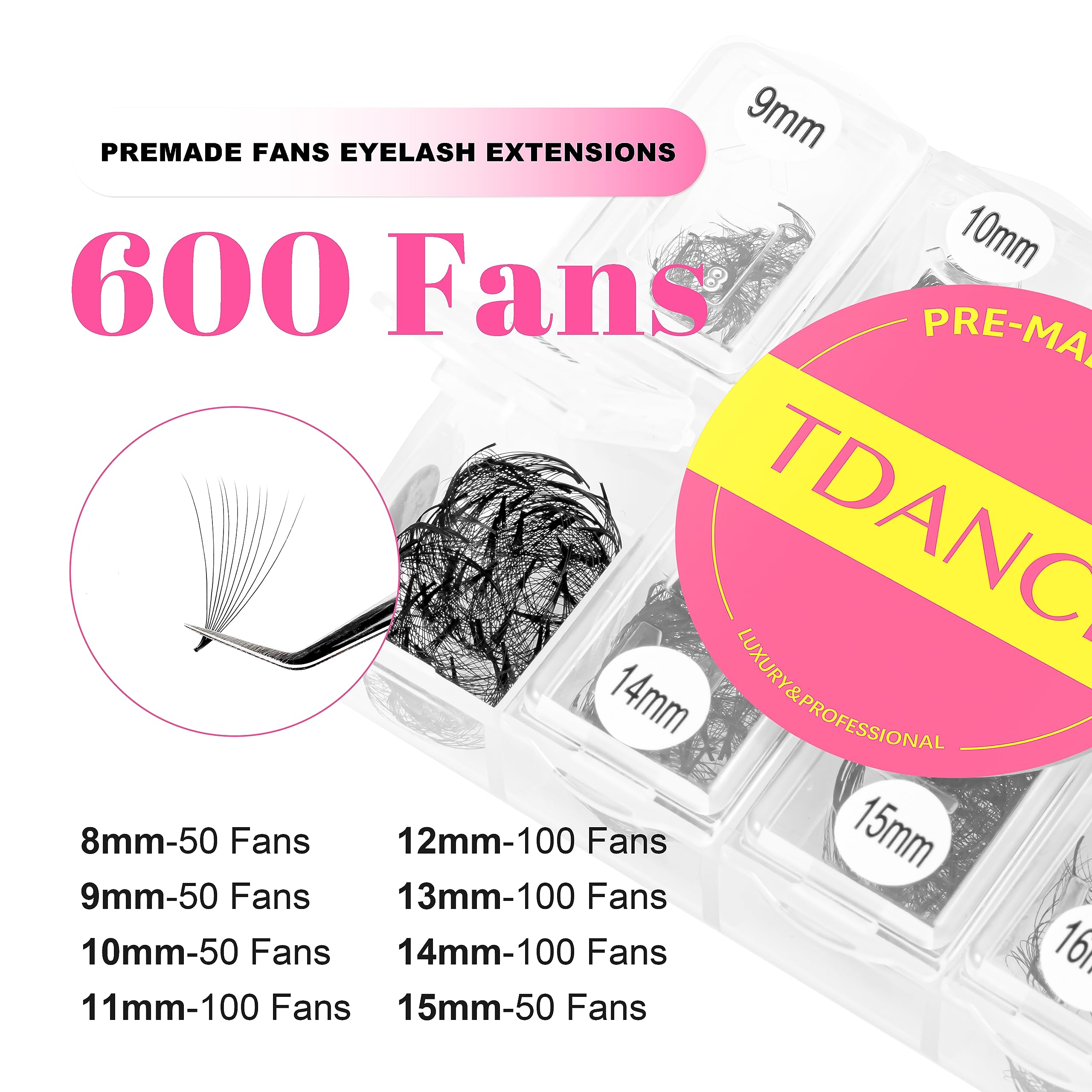 TDANCE 600 Premade Lash Fans - Natural & Volume Mix 5D-24D, C/D Curl, Handmade Promade Fans