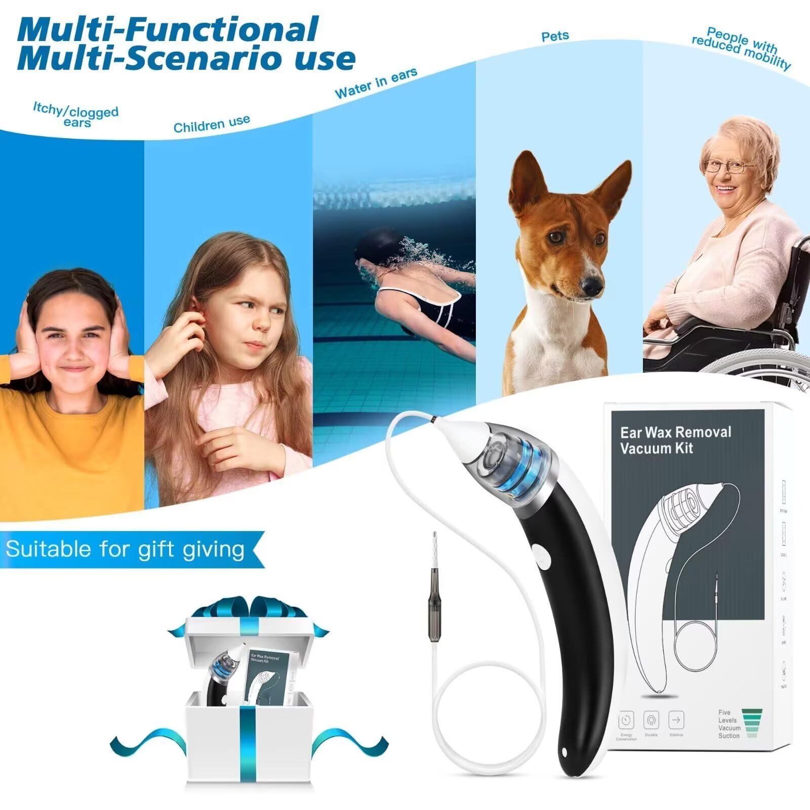TEADZ Ear Vacuum Wax Removal Kit — 5-Level Suction, USB Rechargeable