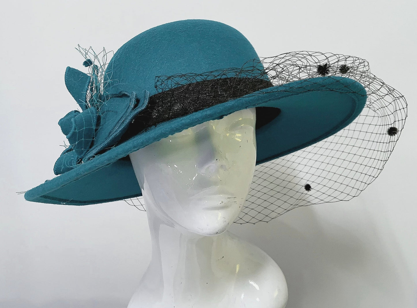 Large Wool Mix Teal Green Brim Fedora with Hat Veil Hatinator Fascinator