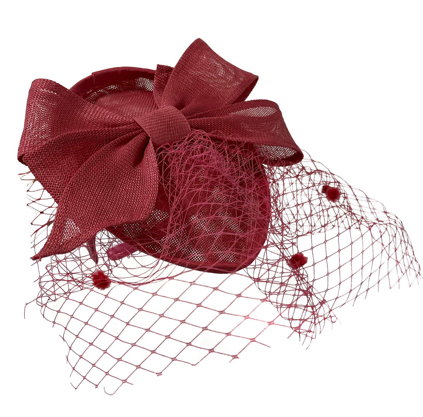 Teardrop Pointed Pillbox Base Large Bow Fascinator with Birdcage Veil on Headband