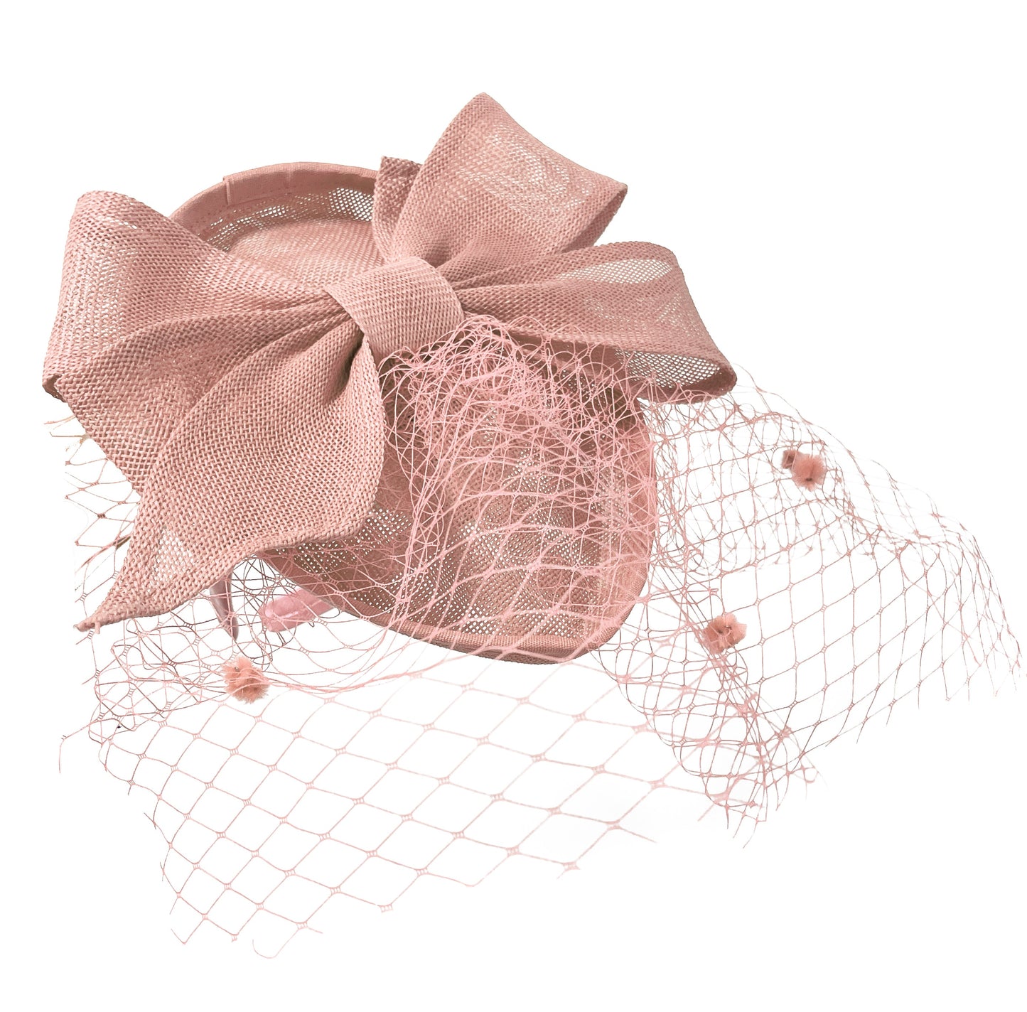 Teardrop Pointed Pillbox Base Large Bow Fascinator with Birdcage Veil on Headband