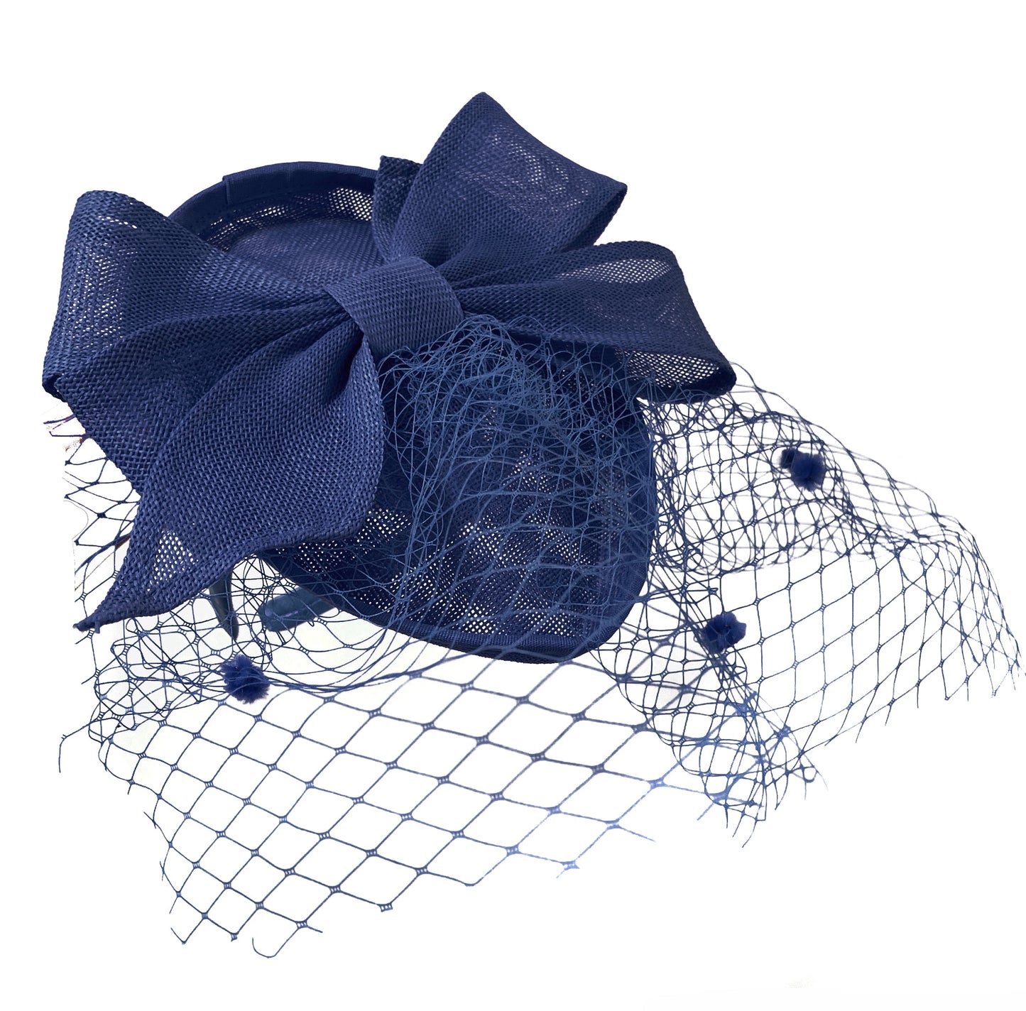 Teardrop Pointed Pillbox Base Large Bow Fascinator with Birdcage Veil on Headband