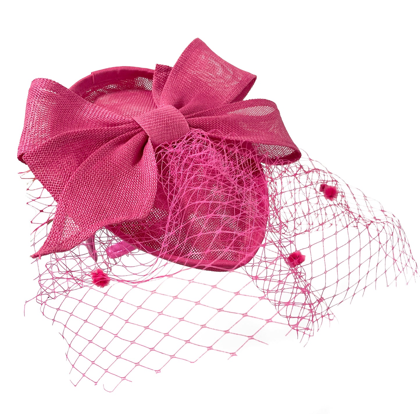 Teardrop Pointed Pillbox Base Large Bow Fascinator with Birdcage Veil on Headband