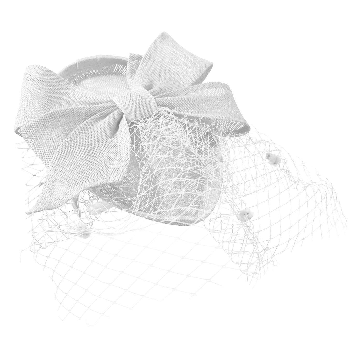 Teardrop Pointed Pillbox Base Large Bow Fascinator with Birdcage Veil on Headband