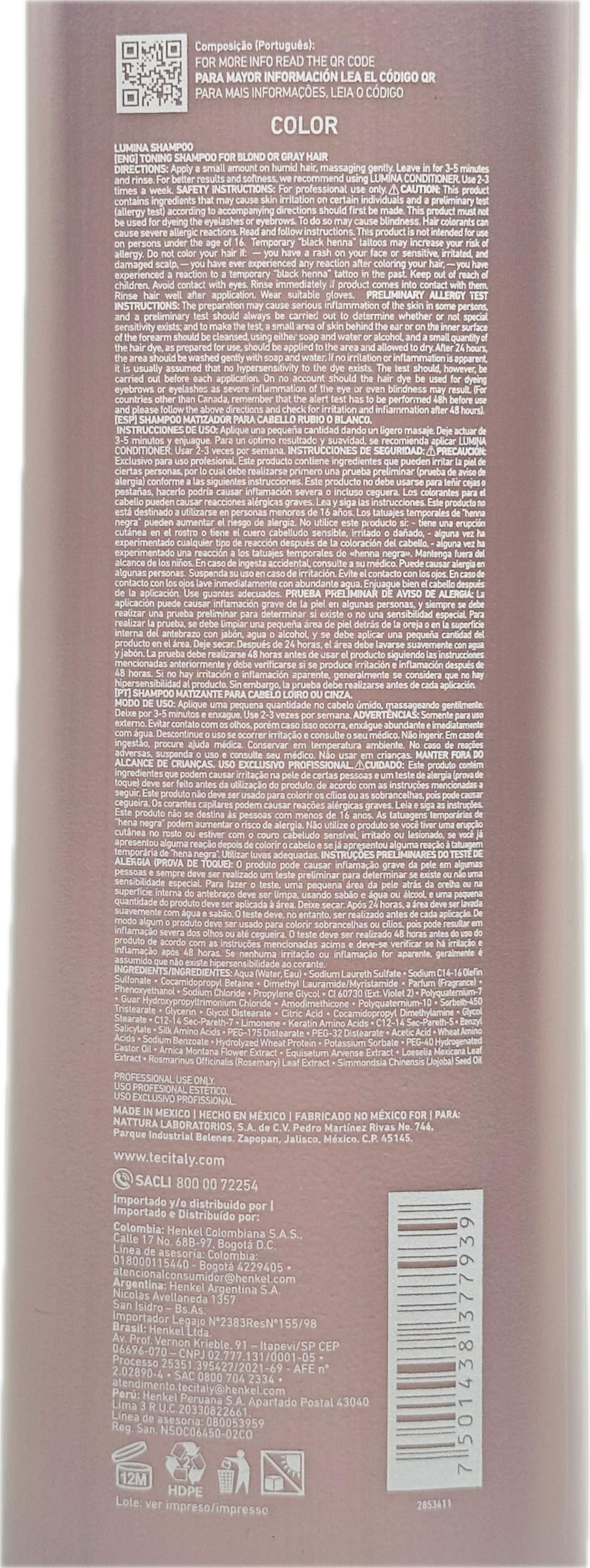 Tec Italy Lumina Shampoo for Blond & Gray Hair – 1000ml / 33.8oz | Violet Toner & Nourishment