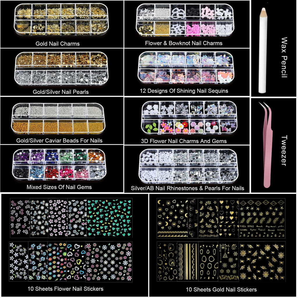 Teenitor Nail Charms & Gems Kit – 8 Boxes, 20 Nail Stickers, 3D Gems for Nails