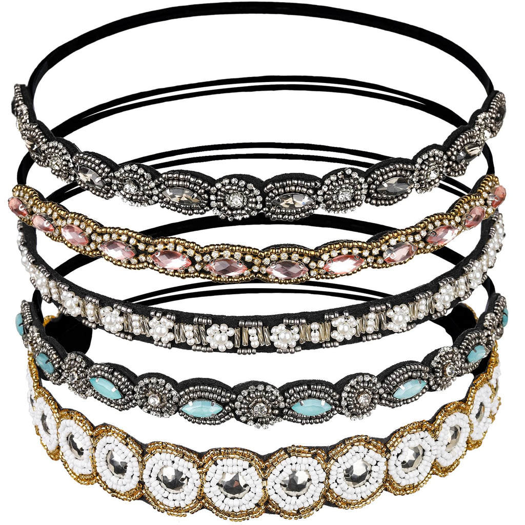 Teenitor 5pcs Rhinestone Beaded Headbands for Women – Elastic Crystal Hairbands (20-26.8 in)