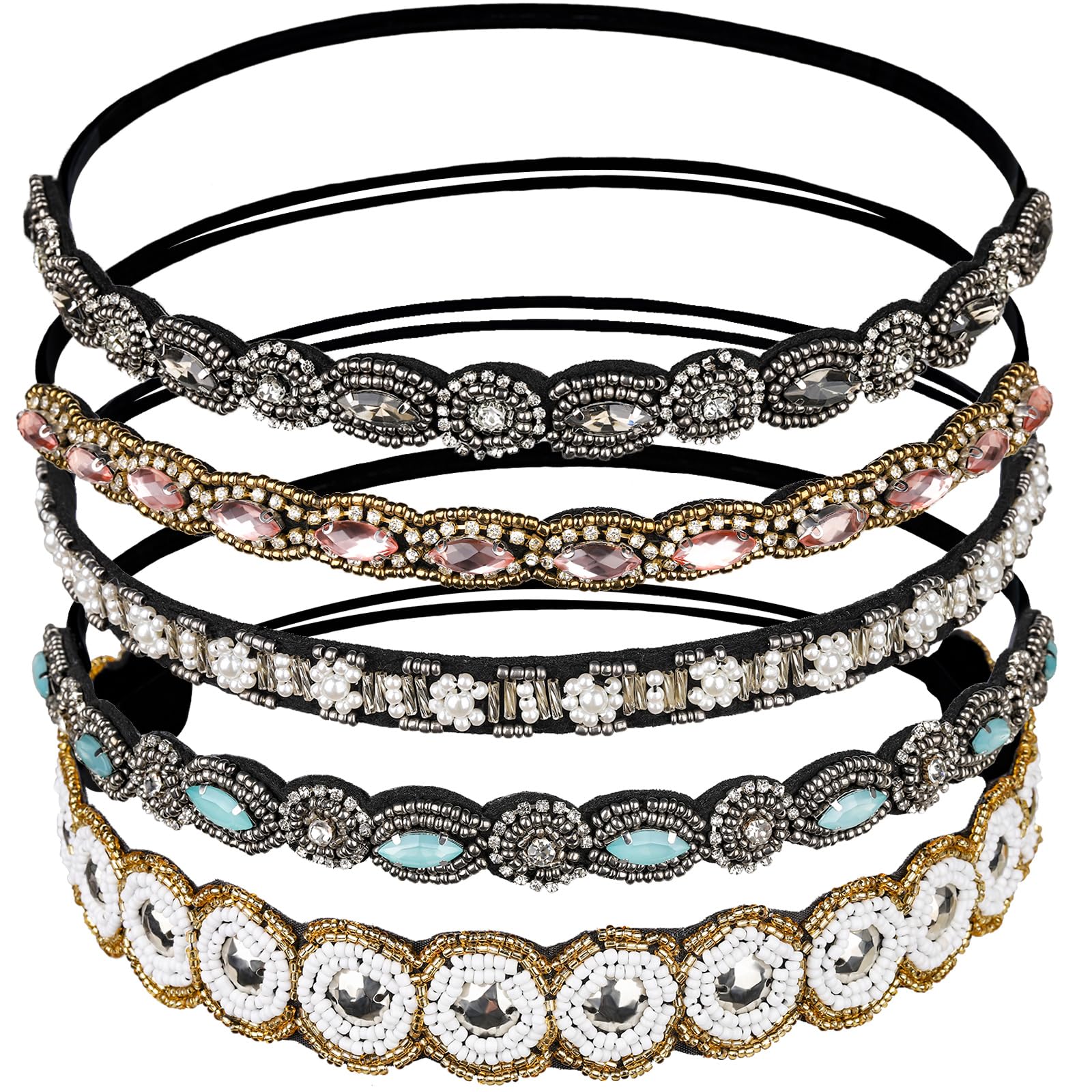 Teenitor 5pcs Rhinestone Beaded Headbands for Women – Elastic Crystal Hairbands (20-26.8 in)