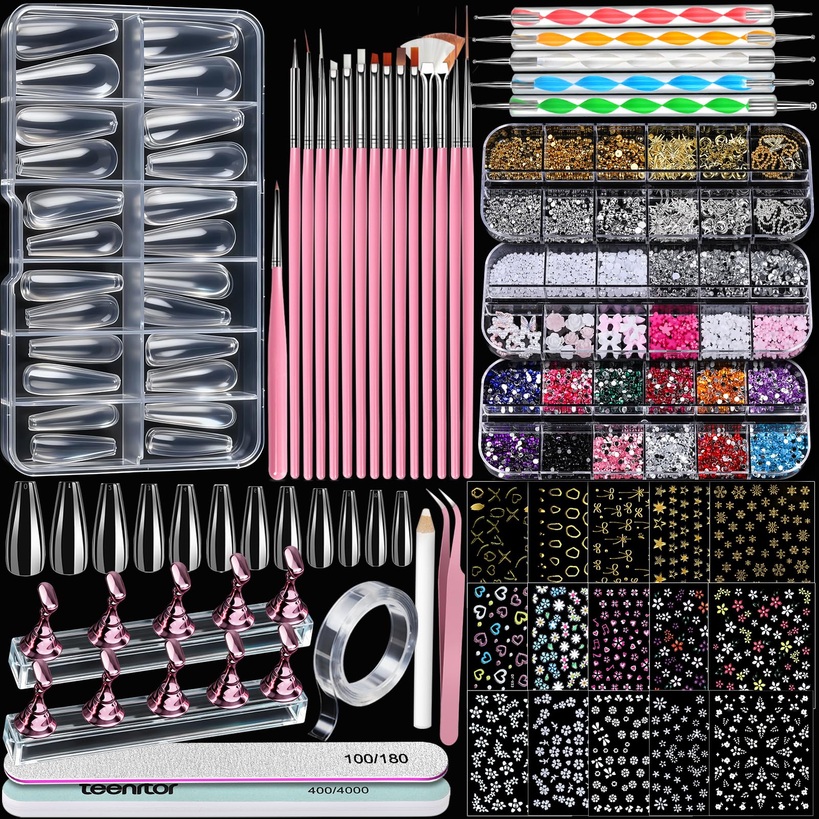 Teenitor Acrylic Nail Kit: Clear Coffin Tips, Charms & Gems for DIY Nail Art