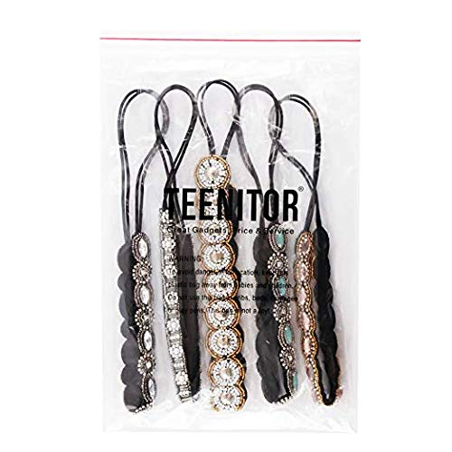 Teenitor 5pcs Rhinestone Beaded Headbands for Women – Elastic Crystal Hairbands (20-26.8 in)