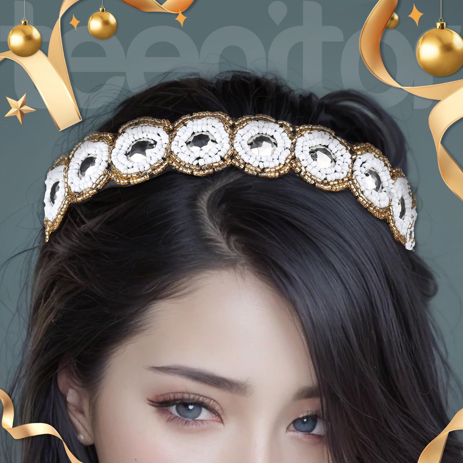 Teenitor 5pcs Rhinestone Beaded Headbands for Women – Elastic Crystal Hairbands (20-26.8 in)
