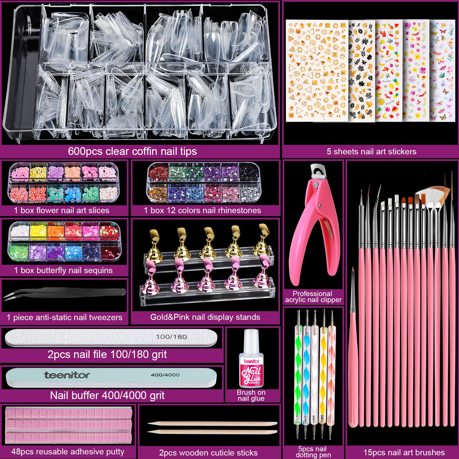 Teenitor Acrylic Fake Nails Kit — Press On Nails with Clear Coffin Tips, Stands & Art Supplies