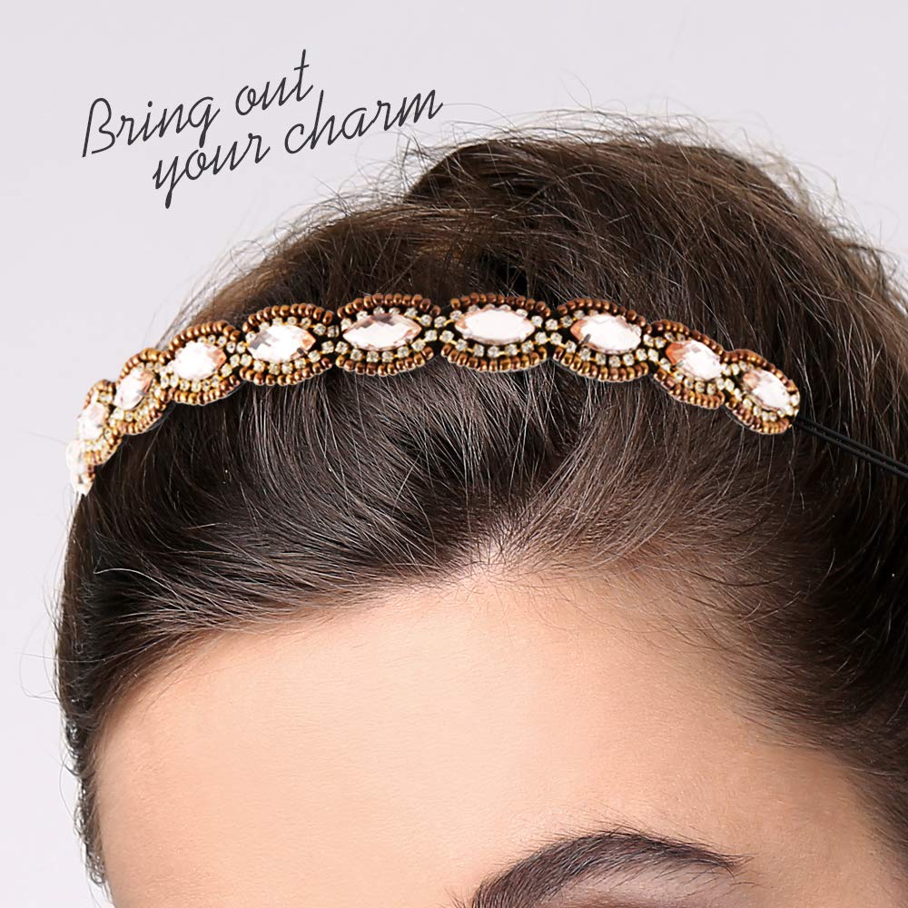 Teenitor 5pcs Rhinestone Beaded Headbands for Women – Elastic Crystal Hairbands (20-26.8 in)