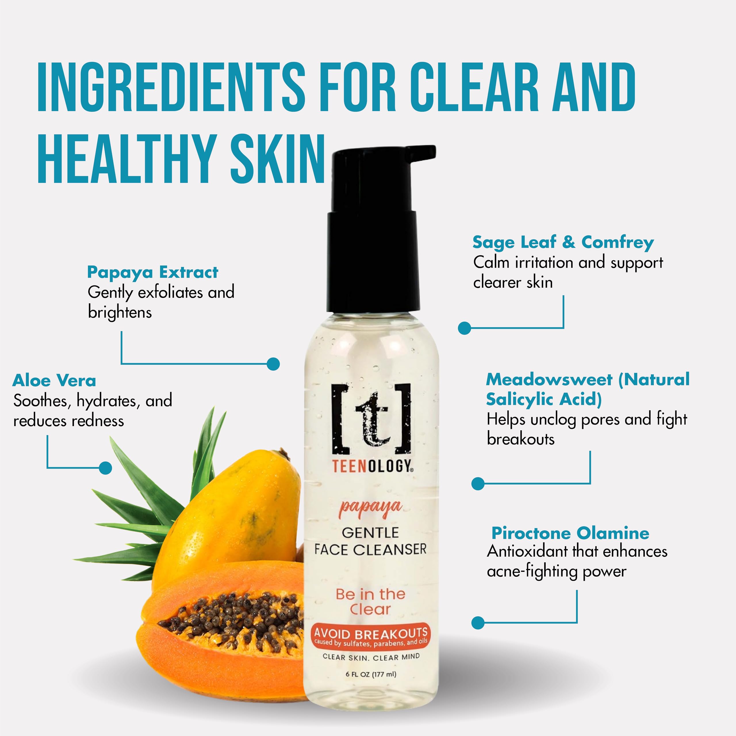 Teenology Gentle Face Cleanser for Teens - Sulfate & Paraben Free, Papaya, 6 oz