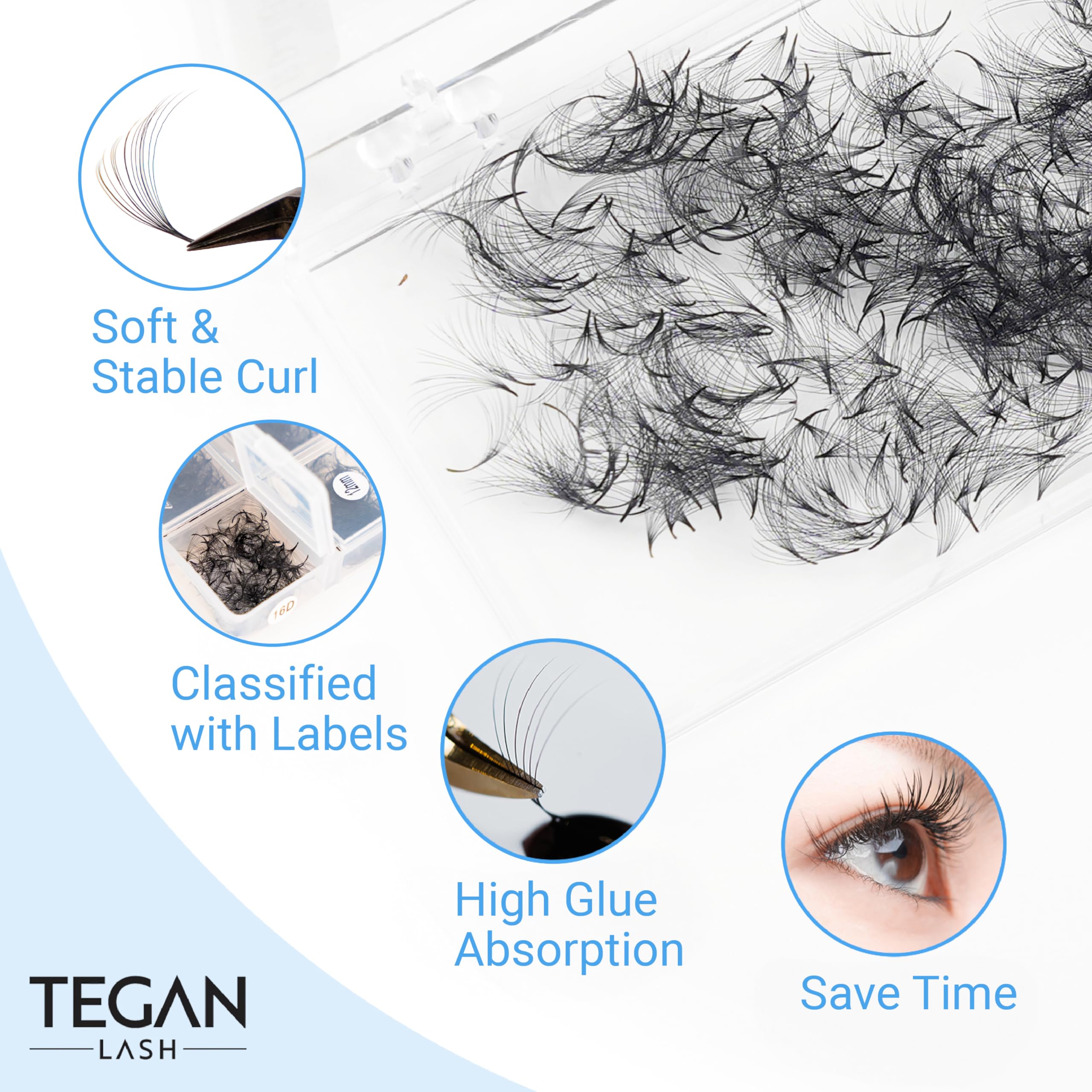 TEGAN LASH 500 Promade Fans Eyelash Extensions — Handmade 3D-16D, 0.03–0.07 Thick, C/CC/D Curl, 9–15mm