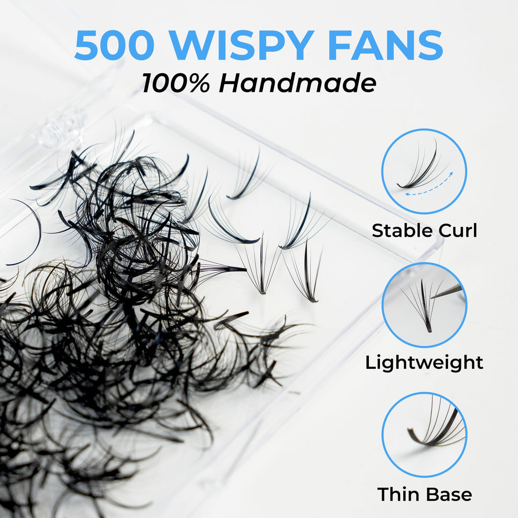 TEGAN LASH 500 Wispy Premade Fans – Eyelash Extensions (5D-9D), 0.05/0.07, 9-15mm