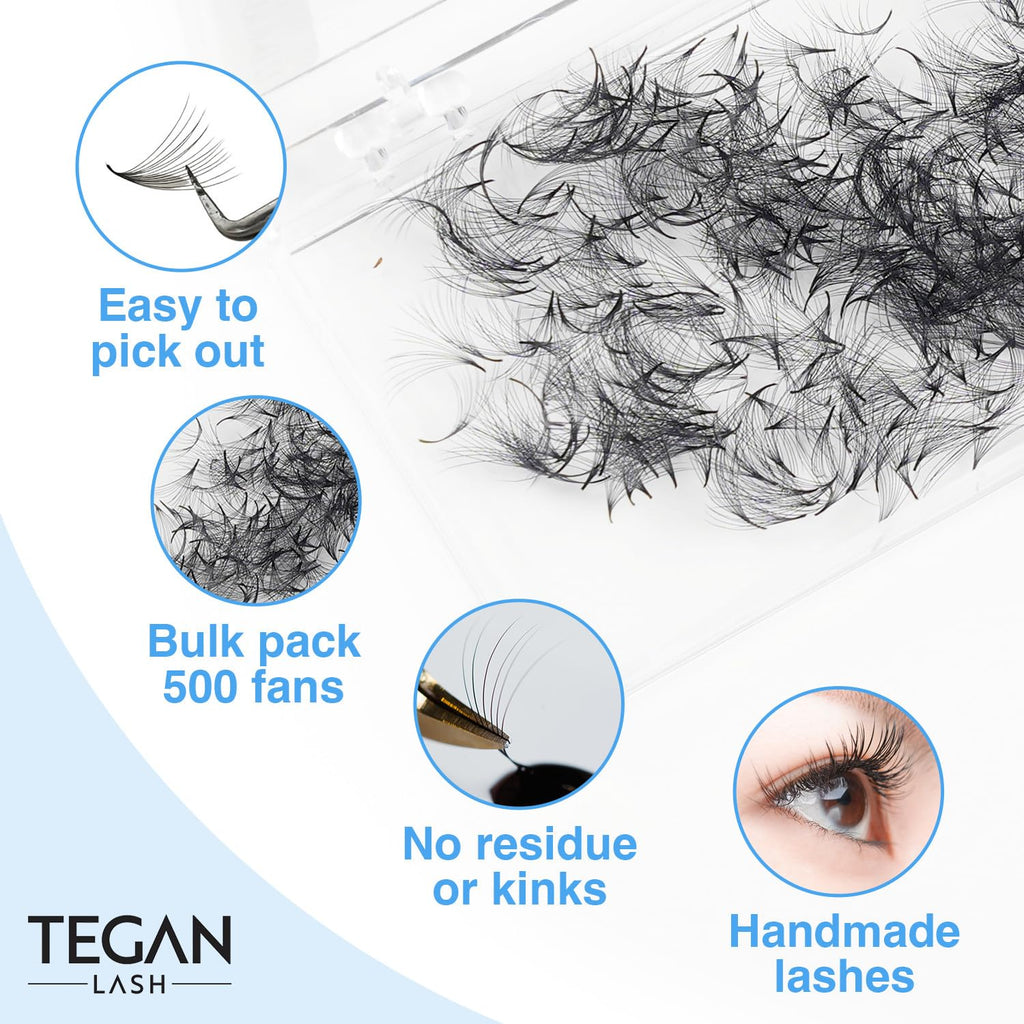 TEGAN LASH 500 Promade Fans Volume Eyelash Extensions | Handmade 3D-16D, Lightweight PBT, 0.03-0.07, C/CC/D, 9-15mm