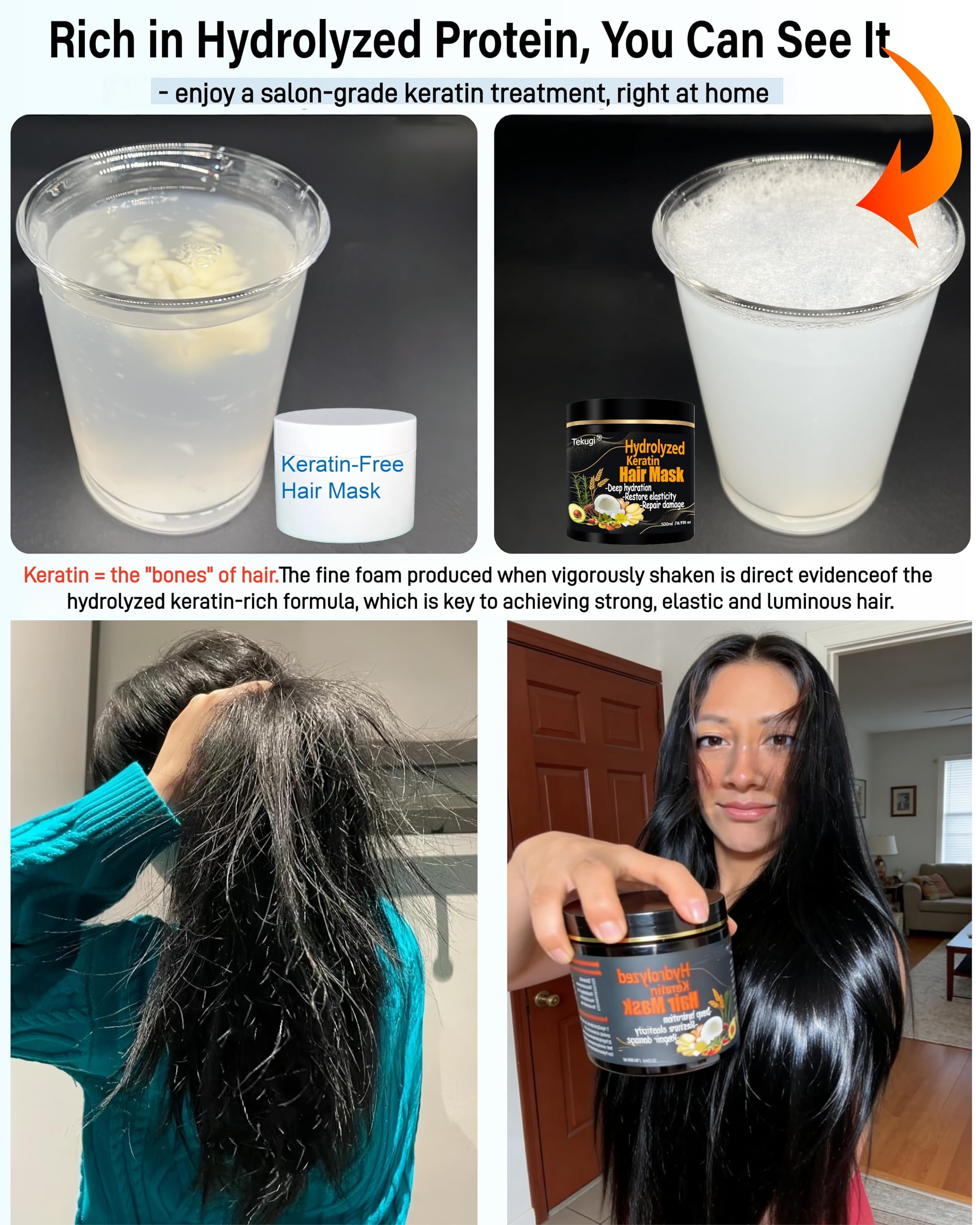 Tekugi Hydrolyzed Keratin Hair Mask – Silicone-Free Repair & Moisture for Color-Treated & Damaged Hair (16.9 oz)