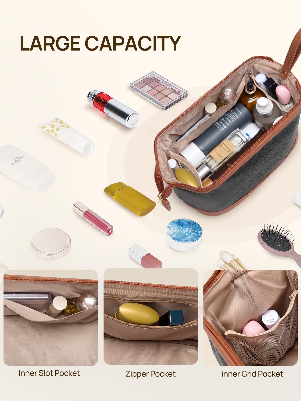 Telena Makeup Bag Large Capacity Travel Cosmetic Bag – Water-Resistant PU Leather, Portable Organizer