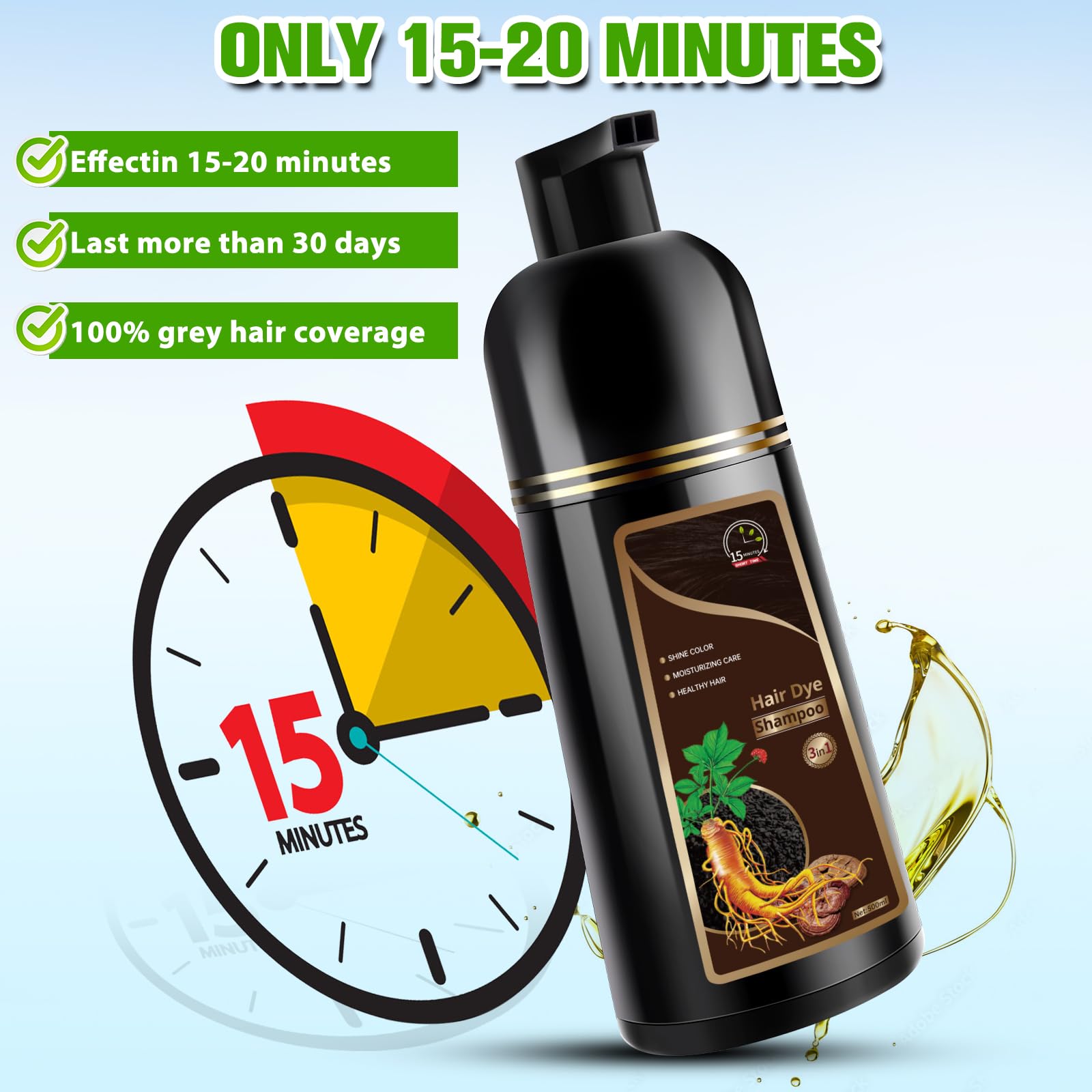 Temgofeau Hair Dye Shampoo for Gray Hair – 3-in-1 Herbal Color, 500ml (Dark Brown)